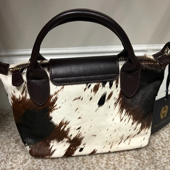 NWT House of Harlow Brown White Black Genuine Cow Hide Leather Le Pliage Bag - Picture 4 of 5